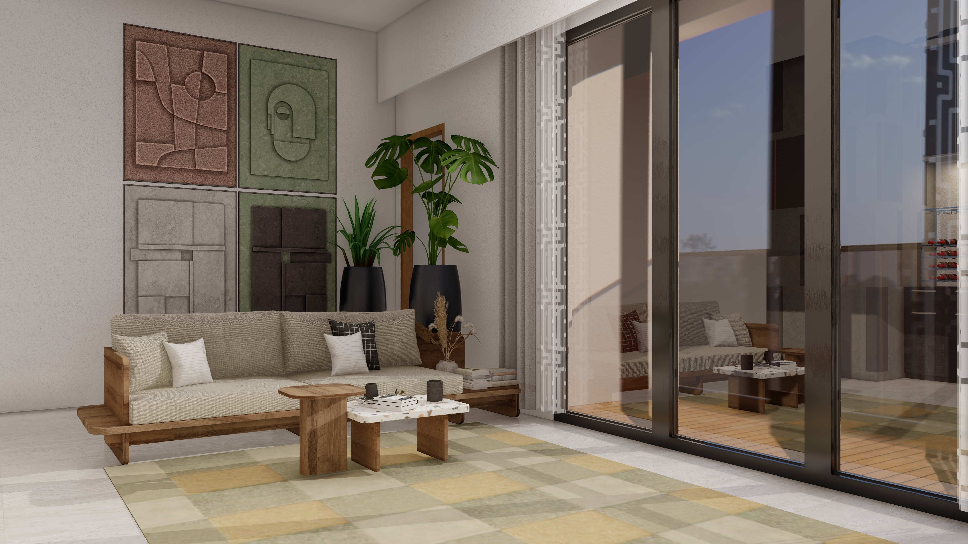 Living area with terrace and city views